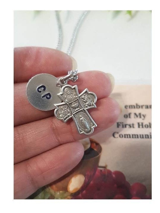 First Communion Cross Necklace,Personalised Chalice Cross Medal,First communion Gifts for Boys and Girls,Cross With Chalice,Hand Stamped