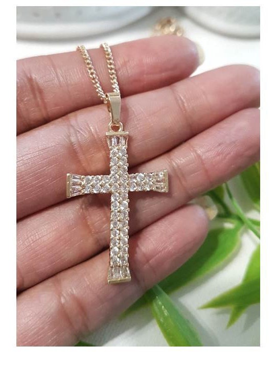 Gold Filled CZ Cross Necklace,Micropaved Cubic Zirconia Cross Pendant,14K Gold Filled Clear Cz Cross,Ladies Gold Cross Jewelry,Vermeil Cross