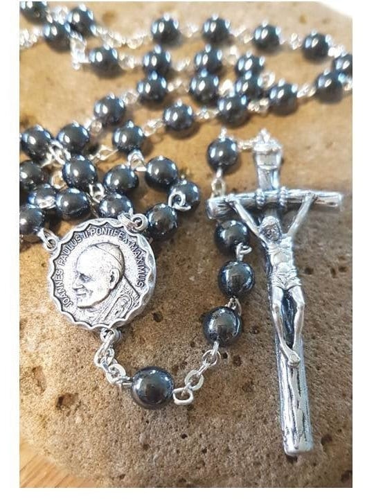 Pope Saint John Paul 11 Rosary,Papal Crucifix,Hematite Papal Rosary with Holy Spirit Centerpiece,Boys Confirmation Rosary,Double sided medal