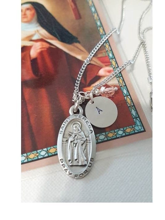 St Teresa of Avila Necklace with Prayer Card/Personalised Saint Pendant,Catholic Saint Birthstone Medal,Confirmation and Communion Gifts