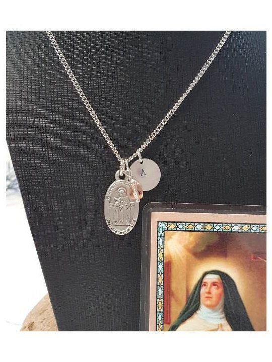St Teresa of Avila Necklace with Prayer Card/Personalised Saint Pendant,Catholic Saint Birthstone Medal,Confirmation and Communion Gifts