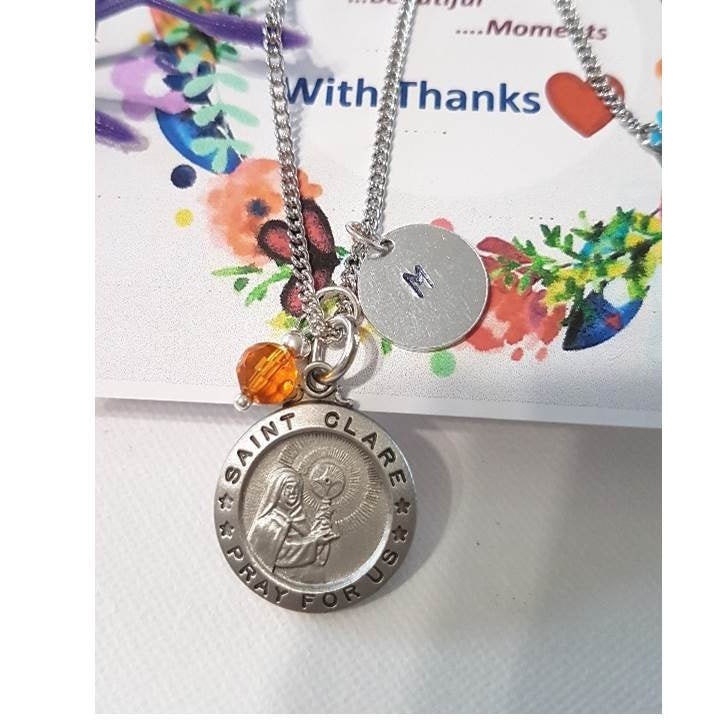 St Clare Of Assisi Pewter Necklace,Patron Saint Personalised medal Birthstone, Initial Charm Pendant, Patron for Sore Eyes,Saint for Media