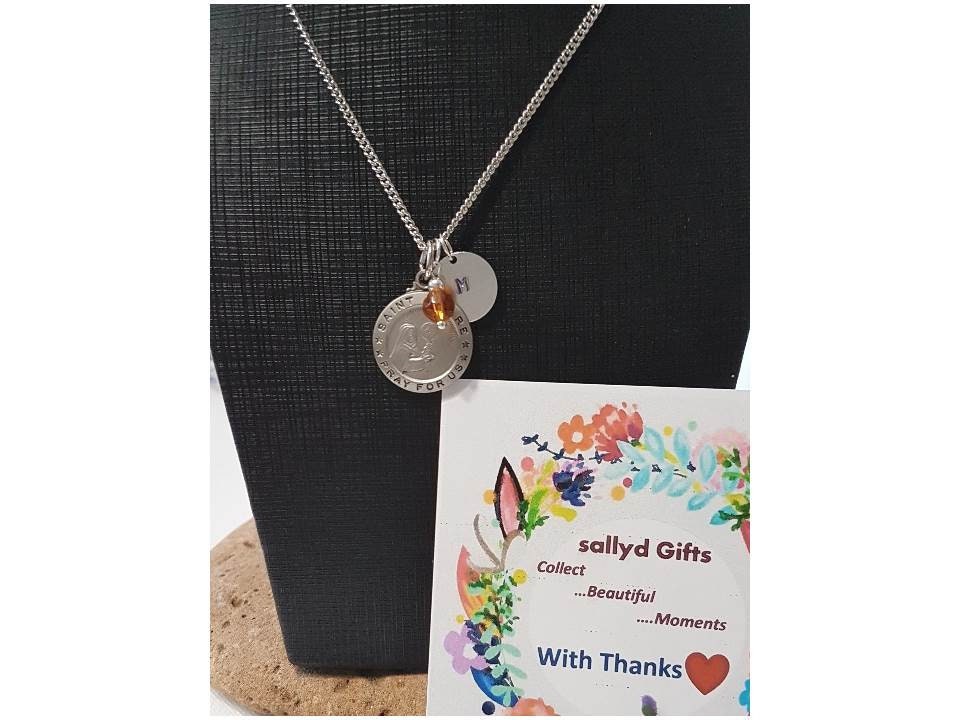 St Clare Of Assisi Pewter Necklace,Patron Saint Personalised medal Birthstone, Initial Charm Pendant, Patron for Sore Eyes,Saint for Media