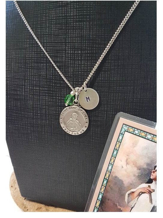 Saint Rose of Lima Medal, Personalised St Rose Medal, Birthstone and Initial Charm, Patron Saint for Gardeners and Florist,Saint for Tailors