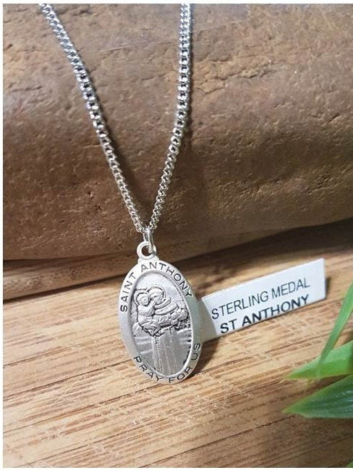 St Anthony Sterling Silver Pendant,Sterling Oval Saint Anthony of Padua Medal, Men and Ladies Catholic Medal,Fathers Day Gift,