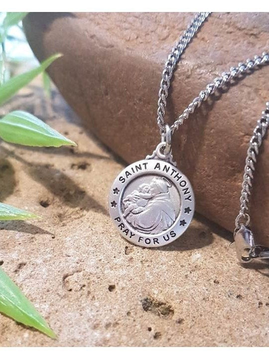 St Anthony Sterling Silver Pendant,Sterling Round Saint Anthony of Padua Medal, Men and Ladies Catholic Charm,Fathers and Mothers Day Gift,