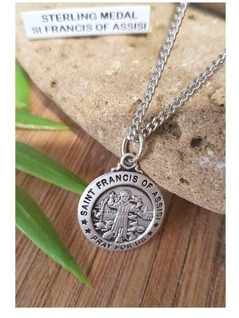St Francis Sterling Medal,Saint Francis Patron of Ecology and Animals,Sterling Silver Catholic Medals, Confirmation Gifts for Boys,