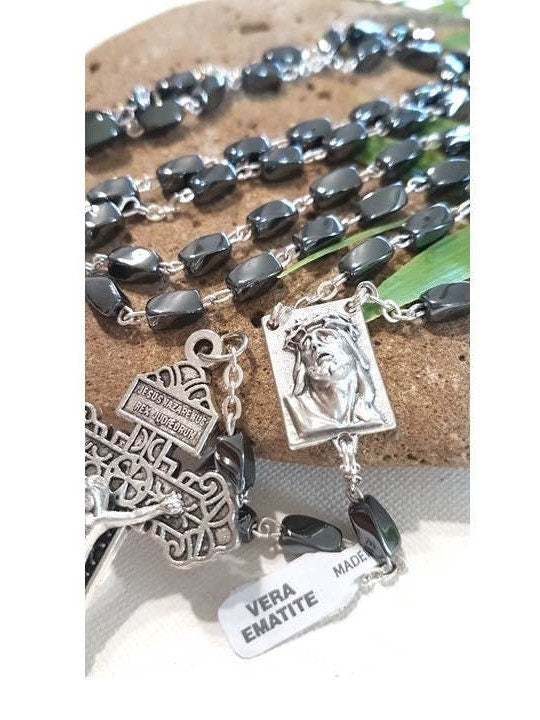 Genuine Hematite Rosary with Pardon Cross,Italian Real Hematite Rosary, Long Hematite Prayer Beads,Rectangle Hematite Catholic Rosary