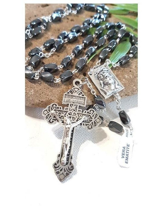 Genuine Hematite Rosary with Pardon Cross,Italian Real Hematite Rosary, Long Hematite Prayer Beads,Rectangle Hematite Catholic Rosary