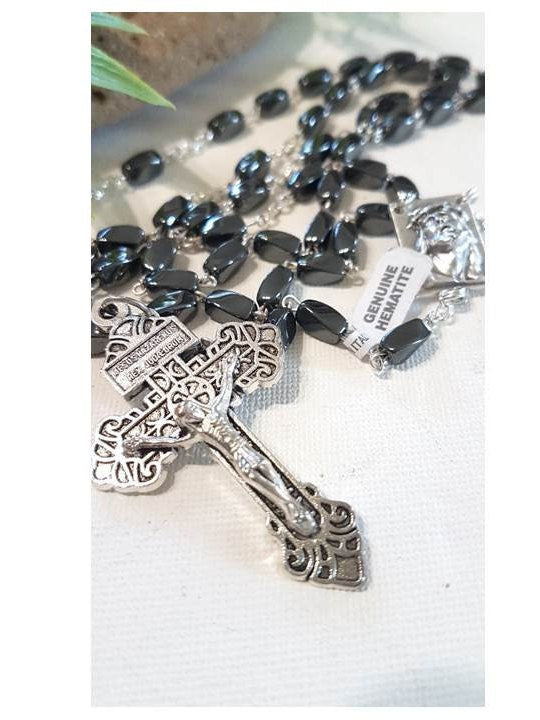Genuine Hematite Rosary with Pardon Cross,Italian Real Hematite Rosary, Long Hematite Prayer Beads,Rectangle Hematite Catholic Rosary