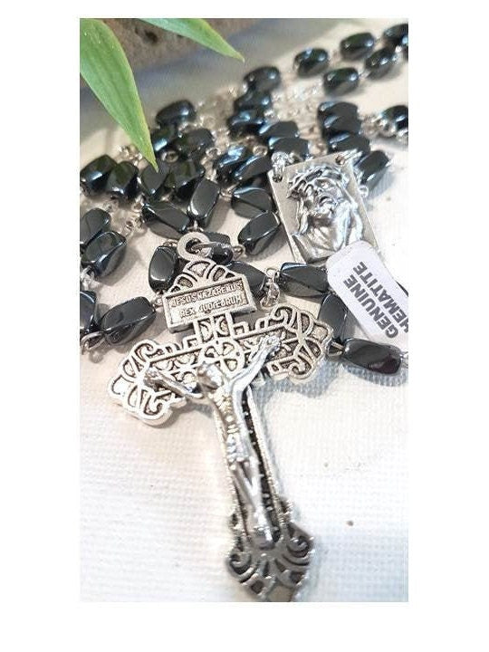 Genuine Hematite Rosary with Pardon Cross,Italian Real Hematite Rosary, Long Hematite Prayer Beads,Rectangle Hematite Catholic Rosary