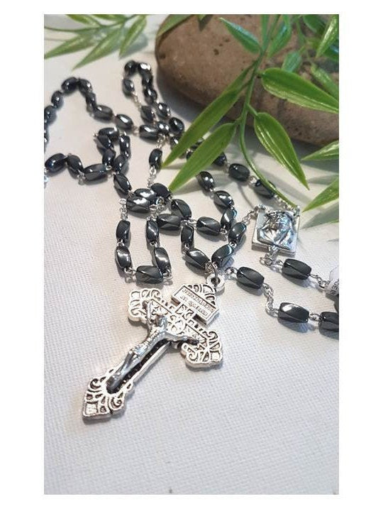 Genuine Hematite Rosary with Pardon Cross,Italian Real Hematite Rosary, Long Hematite Prayer Beads,Rectangle Hematite Catholic Rosary