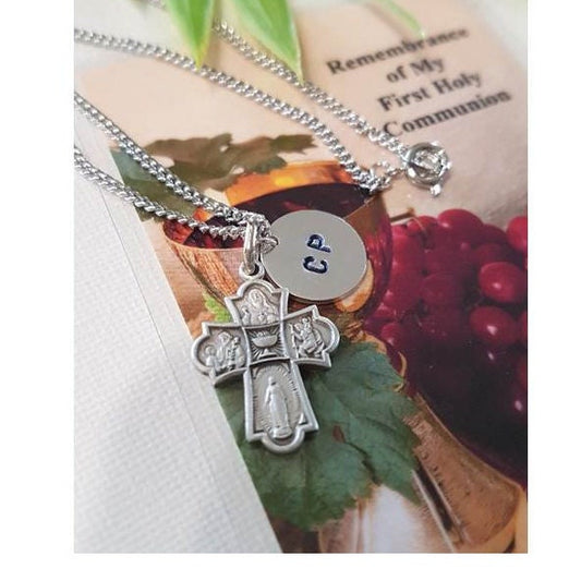 First Communion Cross Necklace,Personalised Chalice Cross Medal,First communion Gifts for Boys and Girls,Cross With Chalice,Hand Stamped