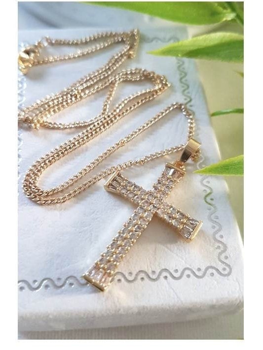 Gold Filled CZ Cross Necklace,Micropaved Cubic Zirconia Cross Pendant,14K Gold Filled Clear Cz Cross,Ladies Gold Cross Jewelry,Vermeil Cross