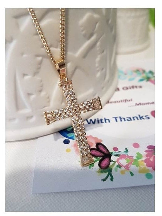 Gold Filled CZ Cross Necklace,Micropaved Cubic Zirconia Cross Pendant,14K Gold Filled Clear Cz Cross,Ladies Gold Cross Jewelry,Vermeil Cross