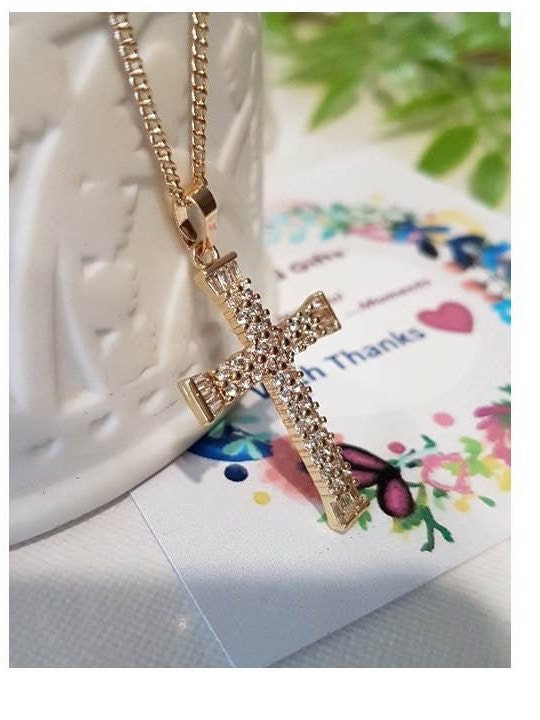 Gold Filled CZ Cross Necklace,Micropaved Cubic Zirconia Cross Pendant,14K Gold Filled Clear Cz Cross,Ladies Gold Cross Jewelry,Vermeil Cross