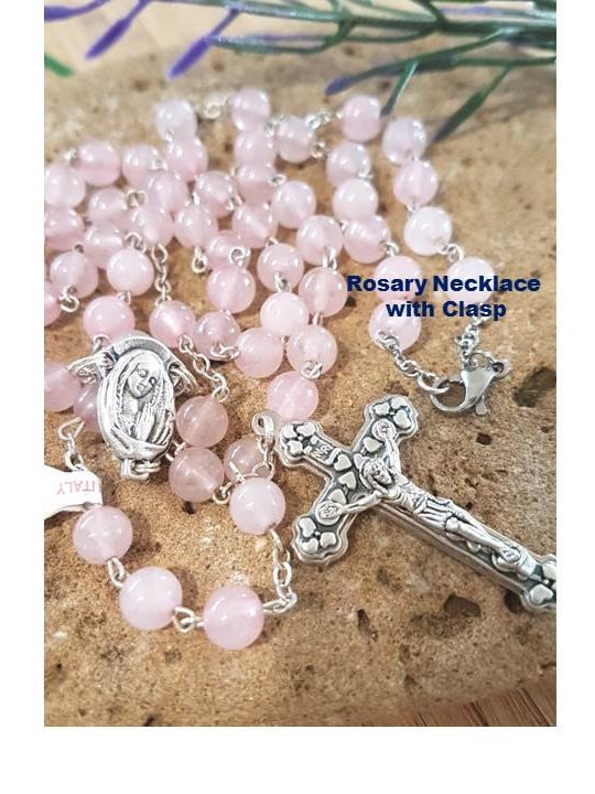 Rose Quartz Rosary Necklace,Gemstone Necklace,Genuine Rose Quartz Rosary,Italian Semiprecious Stone Prayer Beads, Italian Rosary Parts