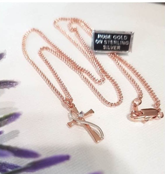 Cute Rose Gold Sterling Silver Cross, Rose Gold Tutone Cross Necklace with CZ, Ladies  & Girls Crystal Pendant, Christian Cross Jewelry