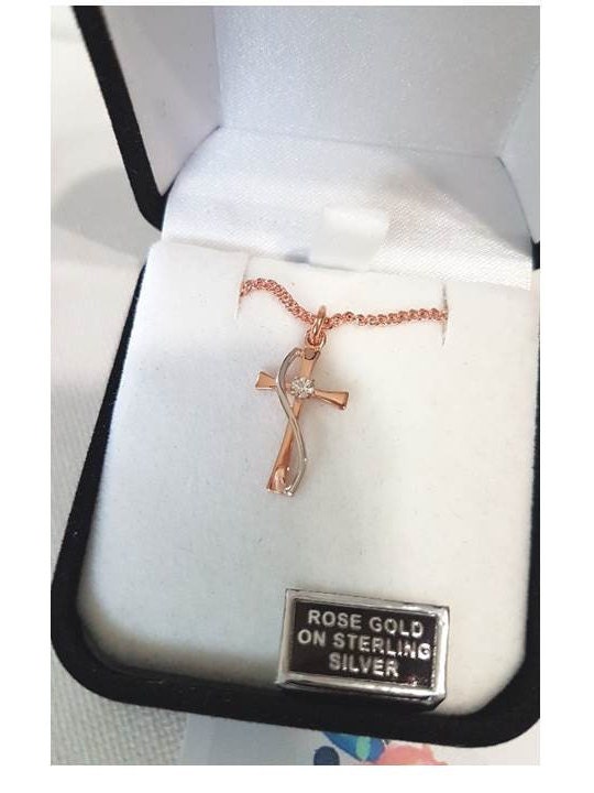 Cute Rose Gold Sterling Silver Cross, Rose Gold Tutone Cross Necklace with CZ, Ladies  & Girls Crystal Pendant, Christian Cross Jewelry