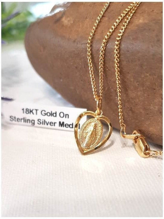 Sterling Silver Gold Plated Miraculous Medal, Miraculous Medal Heart Pendant, Ladies Gold Our lady Of the Miraculous Necklace, Small Medal