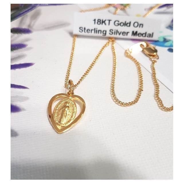 Sterling Silver Gold Plated Miraculous Medal, Miraculous Medal Heart Pendant, Ladies Gold Our lady Of the Miraculous Necklace, Small Medal