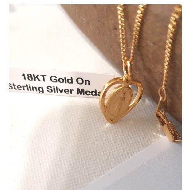 Sterling Silver Gold Plated Miraculous Medal, Miraculous Medal Heart Pendant, Ladies Gold Our lady Of the Miraculous Necklace, Small Medal