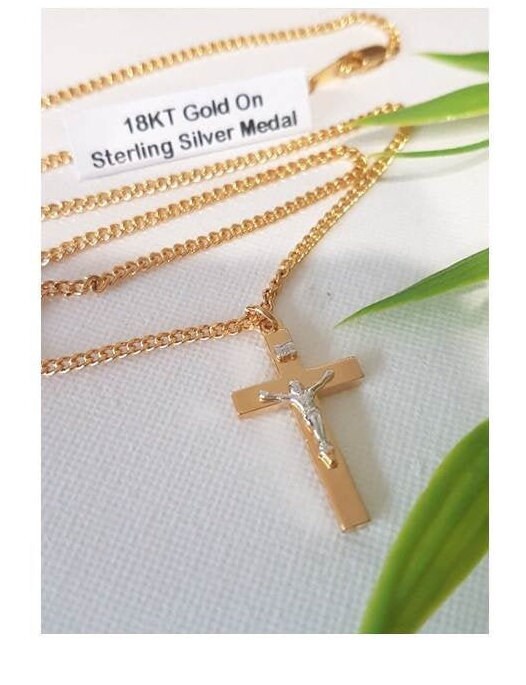 Sterling Silver Crucifix,Gold On Sterling Crucifix Two Tone,Tutone Silver and Gold Youth Cross Pendant,Men and Women Thick Crucifix Jewelry