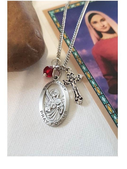 St Lucy Necklace,Pewter Patron Saint Medal Necklace,Saint for Salesman and Eye, Personalized Saint Pendant,Birthstone and Initial Pendant