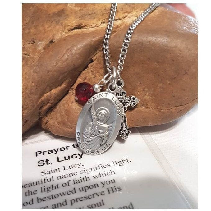 St Lucy Necklace,Pewter Patron Saint Medal Necklace,Saint for Salesman and Eye, Personalized Saint Pendant,Birthstone and Initial Pendant