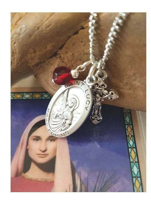 St Lucy Necklace,Pewter Patron Saint Medal Necklace,Saint for Salesman and Eye, Personalized Saint Pendant,Birthstone and Initial Pendant