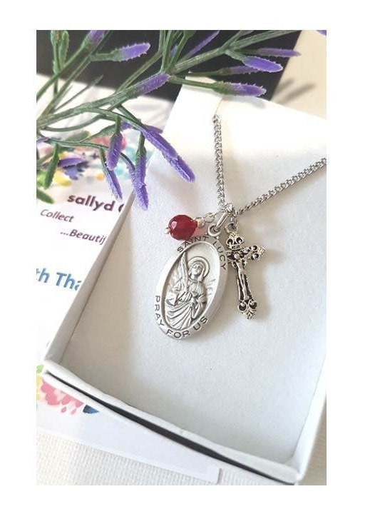 St Lucy Necklace,Pewter Patron Saint Medal Necklace,Saint for Salesman and Eye, Personalized Saint Pendant,Birthstone and Initial Pendant