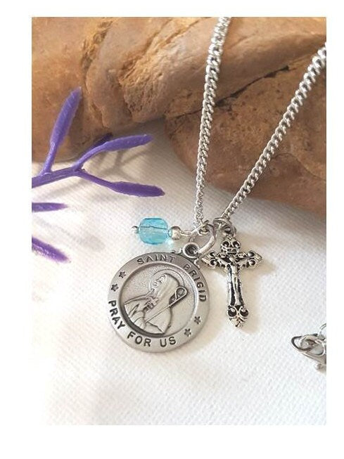 St Brigid Personalized Necklace,Saint Medal with Crucifix and Birthstone,Birthstone Colours, Saint for Babies,Midwives,Farmers ,Children