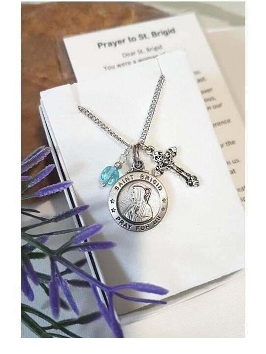 St Brigid Personalized Necklace,Saint Medal with Crucifix and Birthstone,Birthstone Colours, Saint for Babies,Midwives,Farmers ,Children