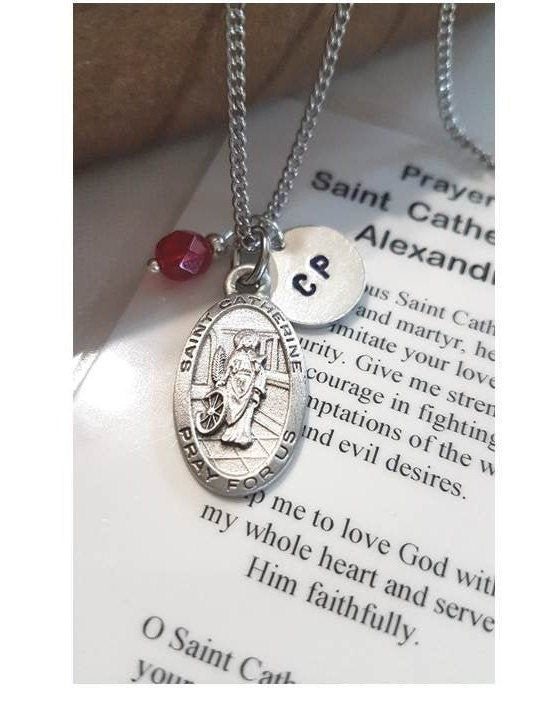 St Catherine of Alexandria Pewter Pendant,Personalized Patron Saint Medal with Birthstone,Initial and Crucifix Charm,St Katherine Prayer