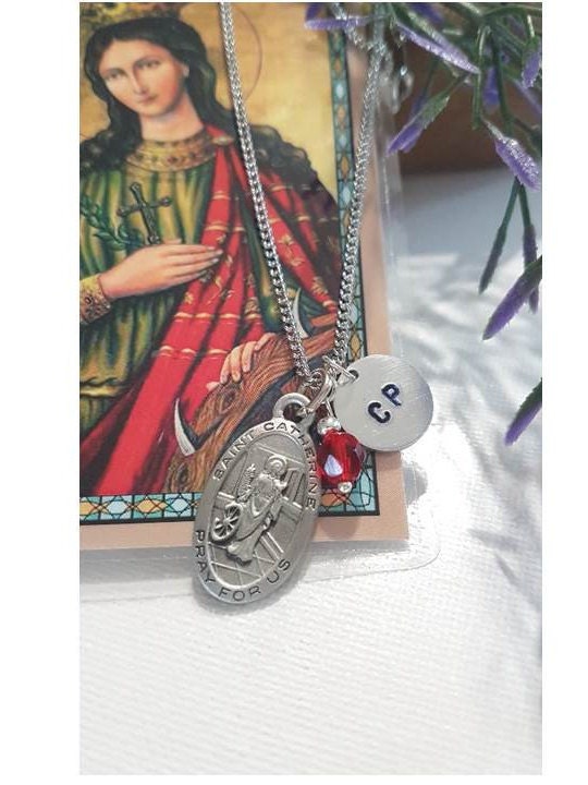 St Catherine of Alexandria Pewter Pendant,Personalized Patron Saint Medal with Birthstone,Initial and Crucifix Charm,St Katherine Prayer