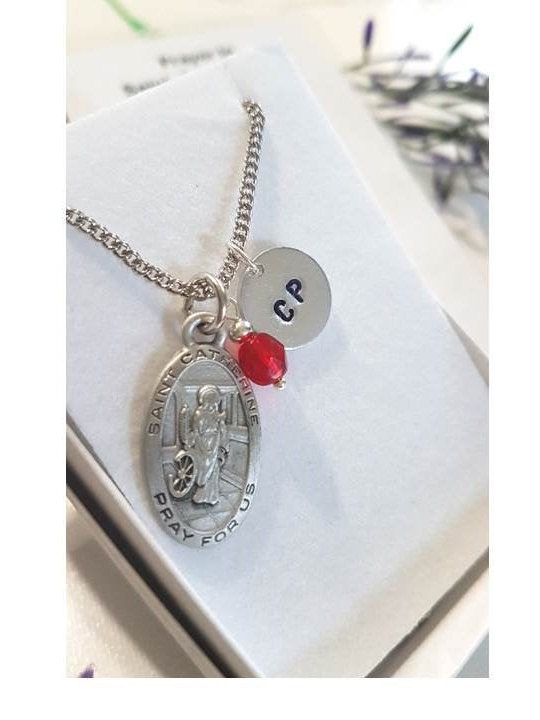 St Catherine of Alexandria Pewter Pendant,Personalized Patron Saint Medal with Birthstone,Initial and Crucifix Charm,St Katherine Prayer