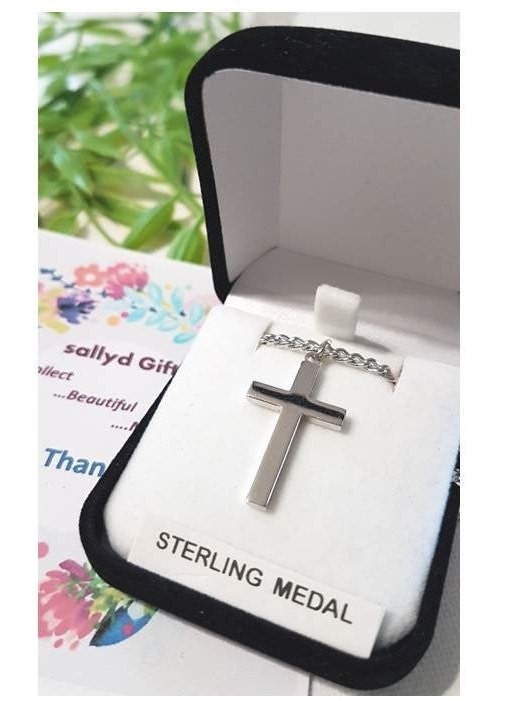 Sterling Cross for Men,Shiny Sterling Silver Cross Necklace,Unisex Christian Cross Jewelry,Block Cross Silver Pendant, Heavy Rhodium Chain