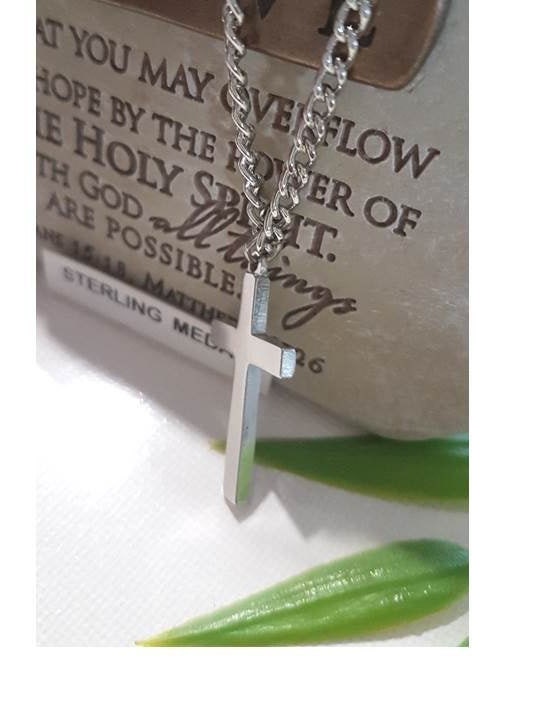 Sterling Cross for Men,Shiny Sterling Silver Cross Necklace,Unisex Christian Cross Jewelry,Block Cross Silver Pendant, Heavy Rhodium Chain