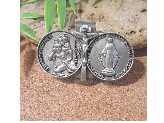 St Christopher and Our Lady of Grace Visor Clip,Patron Saints and Protectors of Travelers,Pewter Visor Clip,Safe Travel Gifts, New Drivers