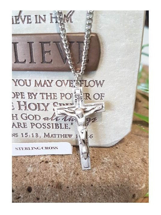 Sterling Silver Adult Crucifix,Large Sterling Silver Matte Crucifix Pendant,Men's Religious Cross,Men and Women Catholic Religious Necklace