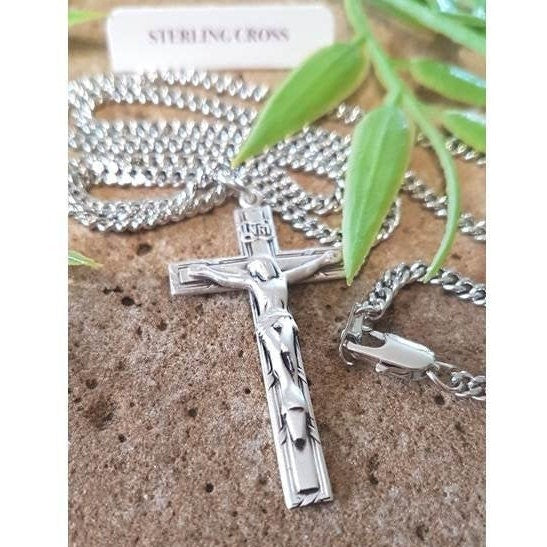 Sterling Silver Adult Crucifix,Large Sterling Silver Matte Crucifix Pendant,Men's Religious Cross,Men and Women Catholic Religious Necklace