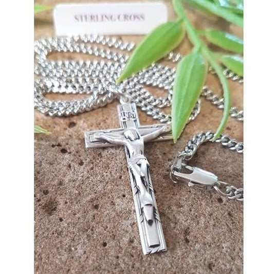 Sterling Silver Adult Crucifix,Large Sterling Silver Matte Crucifix Pendant,Men's Religious Cross,Men and Women Catholic Religious Necklace