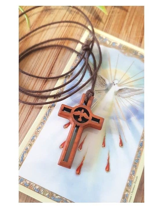 Holy Spirit Olivewood Pendant, Corded Olive Wood Cross,Wood Cross with Holy Spirit Prayer Card,Adult and Youth Wood Cross,Confirmation Gift