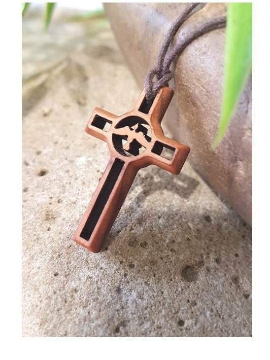 Holy Spirit Olivewood Pendant, Corded Olive Wood Cross,Wood Cross with Holy Spirit Prayer Card,Adult and Youth Wood Cross,Confirmation Gift