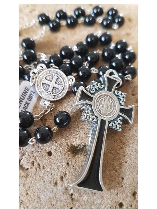 Black St Benedict Rosary, Gemstone Onyx Saint Benedict Rosary, Black Onyx Rosary with Sentia St Benedict Medal and Crucifix, Black Crucifix