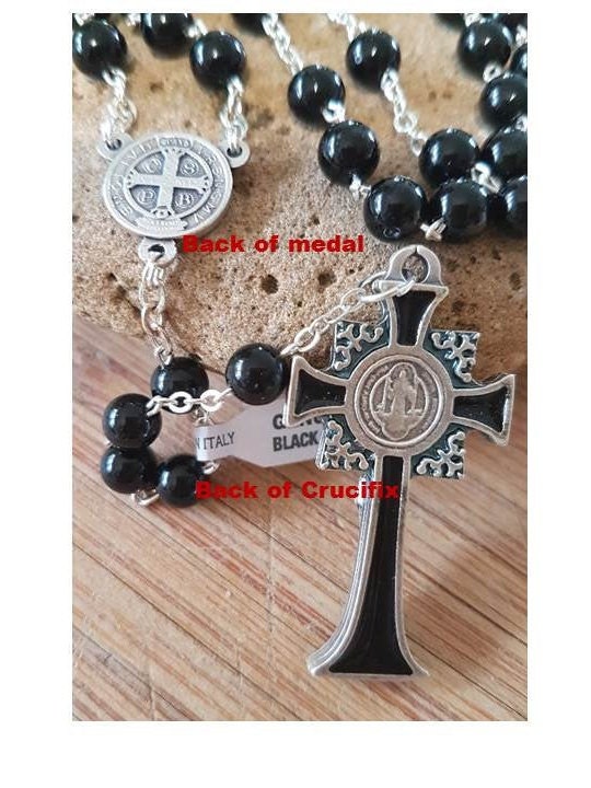 Black St Benedict Rosary, Gemstone Onyx Saint Benedict Rosary, Black Onyx Rosary with Sentia St Benedict Medal and Crucifix, Black Crucifix