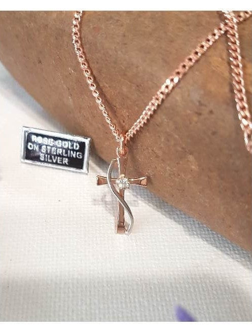 Cute Rose Gold Sterling Silver Cross, Rose Gold Tutone Cross Necklace with CZ, Ladies  & Girls Crystal Pendant, Christian Cross Jewelry