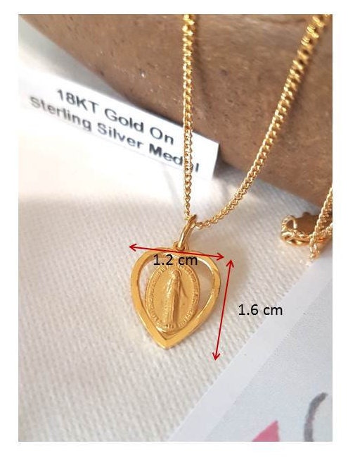 Sterling Silver Gold Plated Miraculous Medal, Miraculous Medal Heart Pendant, Ladies Gold Our lady Of the Miraculous Necklace, Small Medal