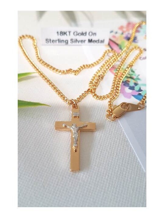 Sterling Silver Crucifix,Gold On Sterling Crucifix Two Tone,Tutone Silver and Gold Youth Cross Pendant,Men and Women Thick Crucifix Jewelry
