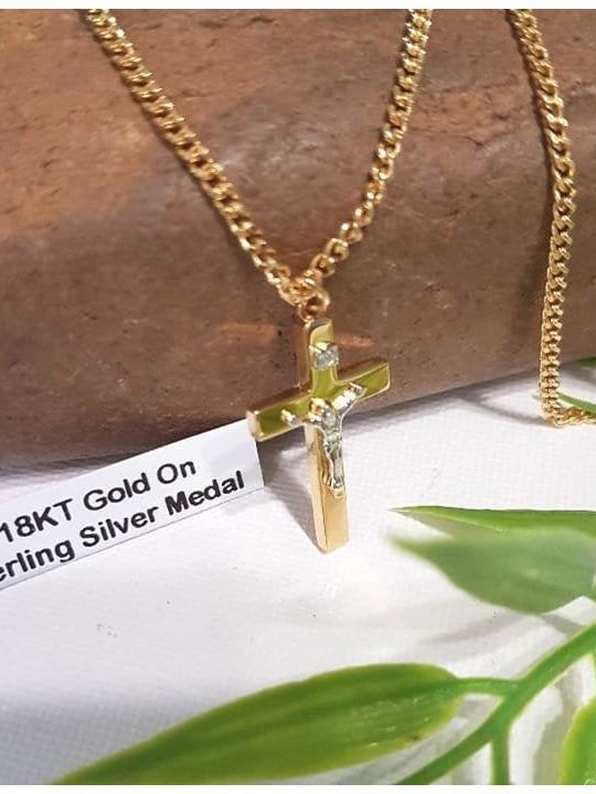 Sterling Silver Crucifix,Gold On Sterling Crucifix Two Tone,Tutone Silver and Gold Youth Cross Pendant,Men and Women Thick Crucifix Jewelry